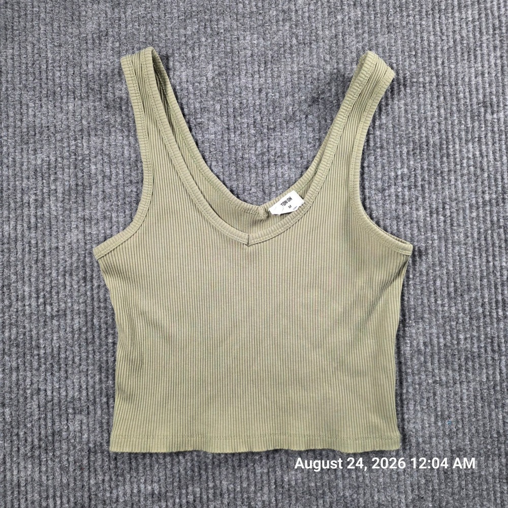 Cotton On Womens Ribbed V-Neck Tank Top Sage Green Olive Crop Top Size M